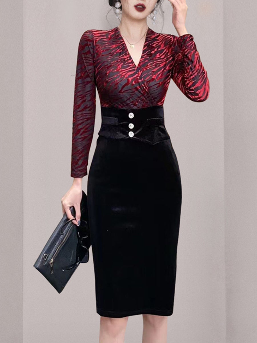 Women's Velvet Dresses V-neck Long Sleeve Patchwork Midi Bodycon Dress