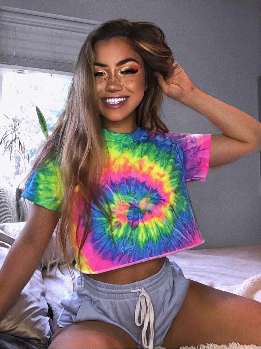 Women's T-shirts Tie-Dye Printed Short Sleeve Navel Bare Crimping Top