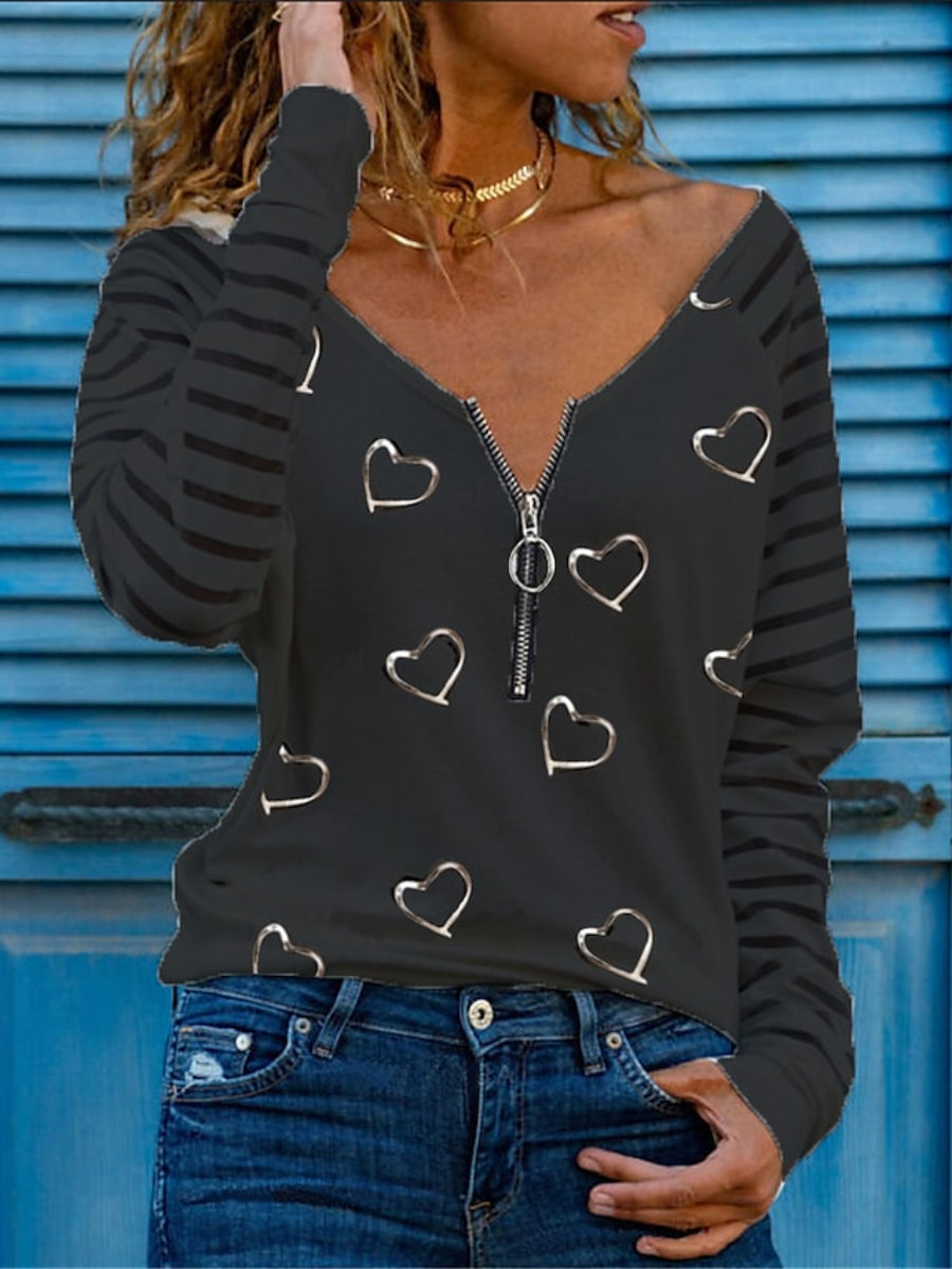 Women's T-shirt V-Neck Quarter Zip Heart Print Long Sleeve Sexy Tops