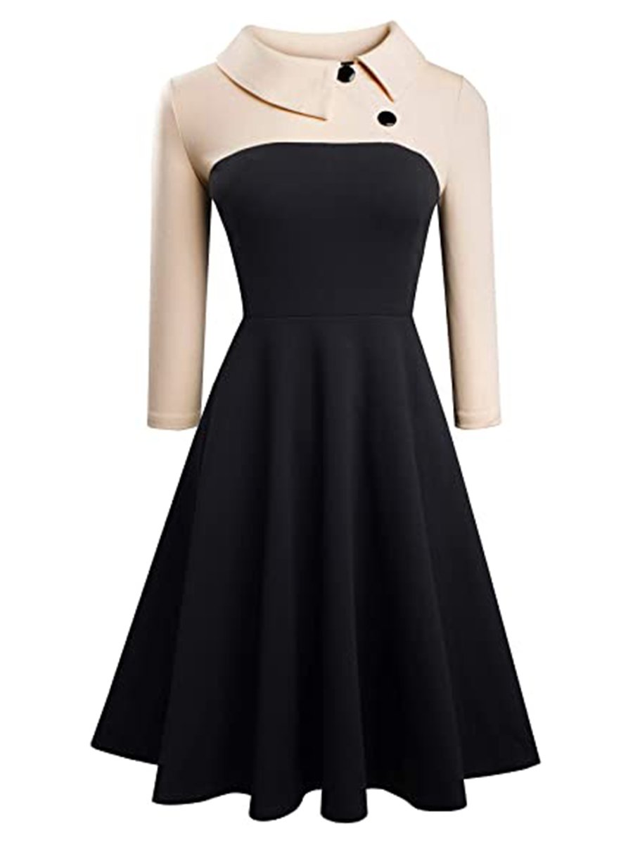 Women's Work Dress Lapel Collar 3/4 Sleeve Colorblock Swing Dresses