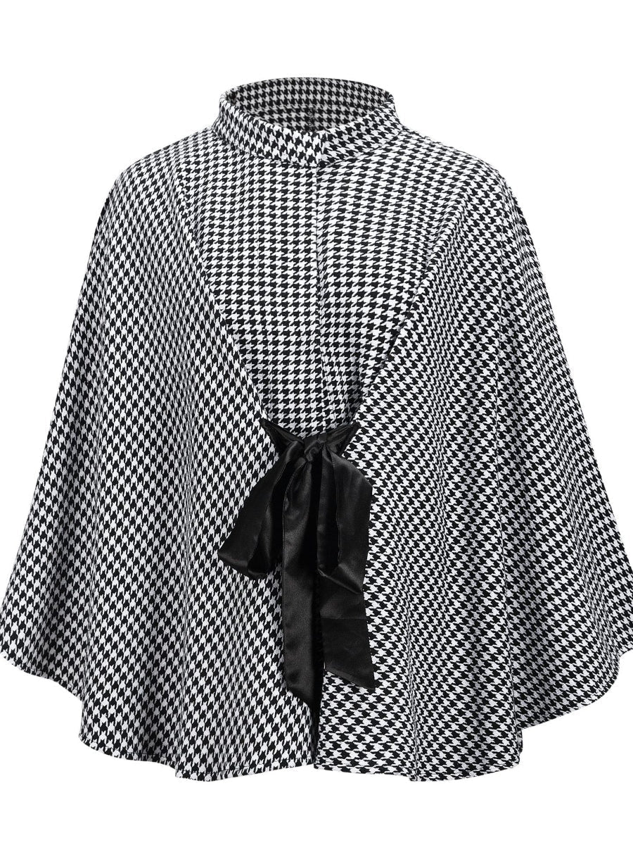 Women's Wool Cape Houndstooth Style Loose Bow Tie Outwear