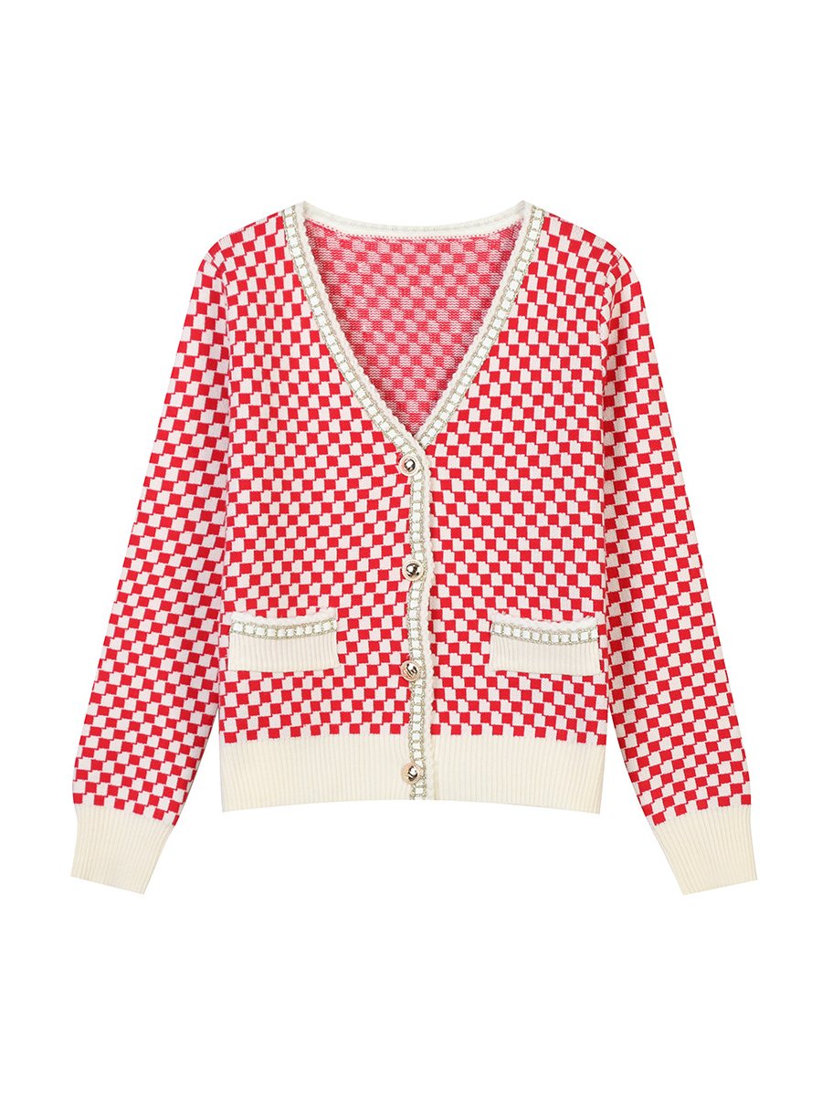 Women's Sweaters V-neck Long Sleeve Checkerboard Pocket Loose Knitted Cardigans