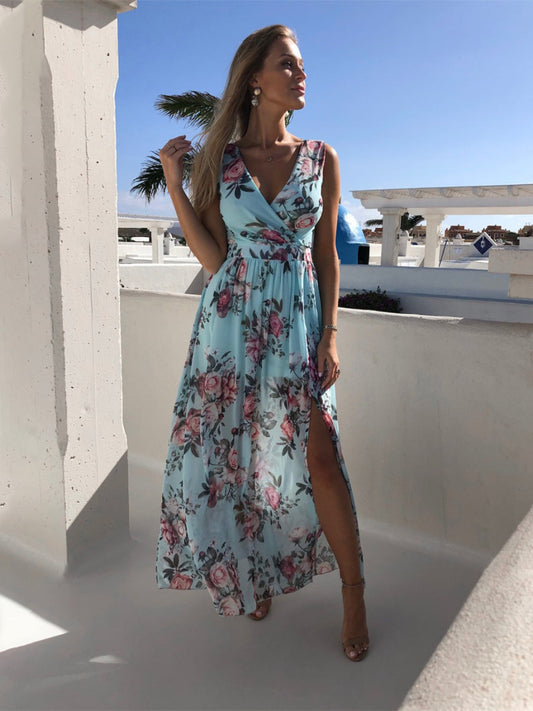 Women's Split Maxi Dress Floral Print Sleeveless Beach Dress