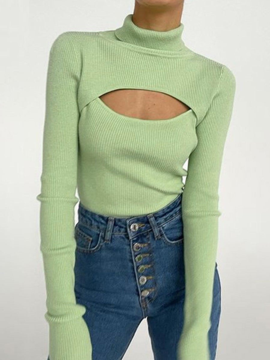 Women's Turtleneck Hollow Out Long Sleeve Knitted Cutout Tops