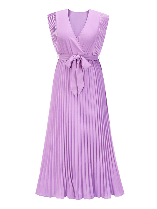 Women's Swing Dress V-Neck Ruffle Sleeve Pleated Solid Color Maxi Dress