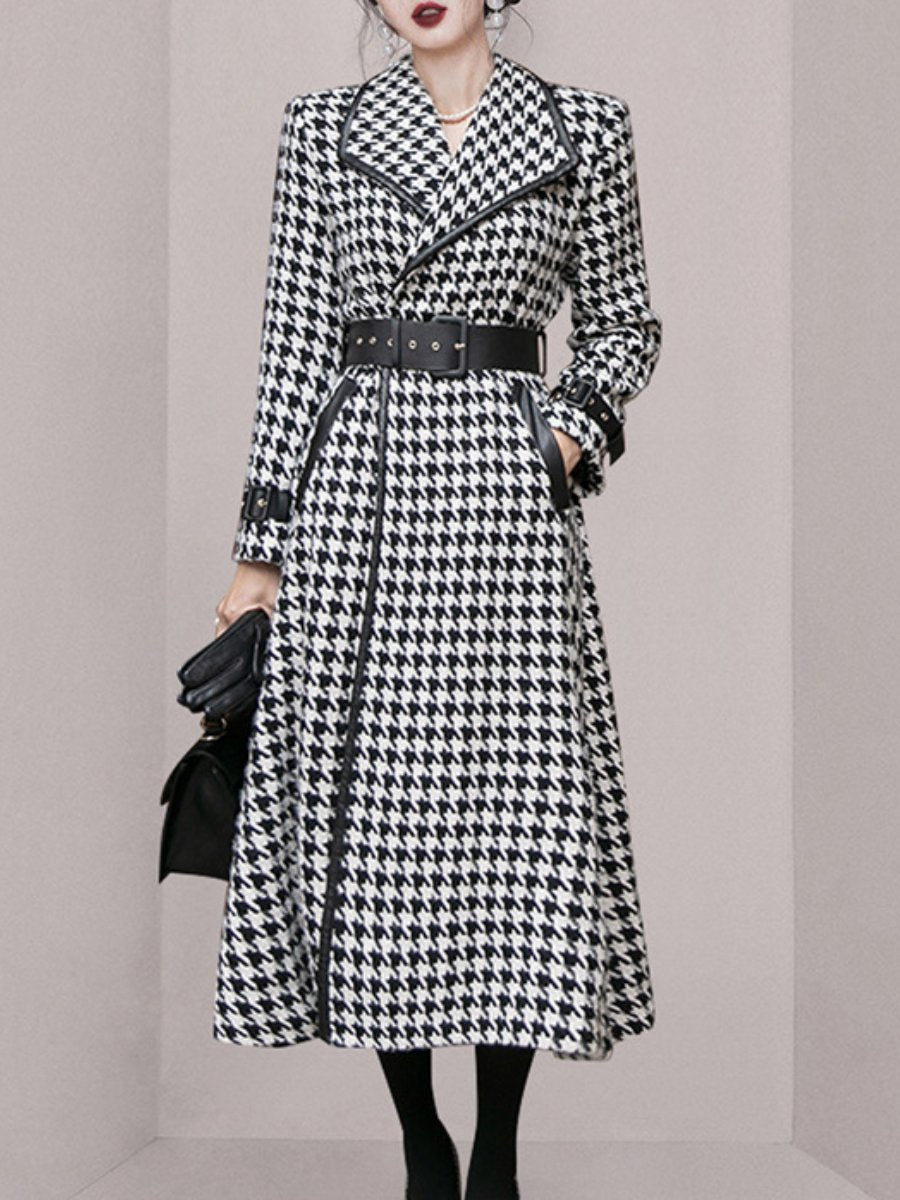 Women's Wool Coat Houndstooth Lapel Belt Buckle Long Winter Coats