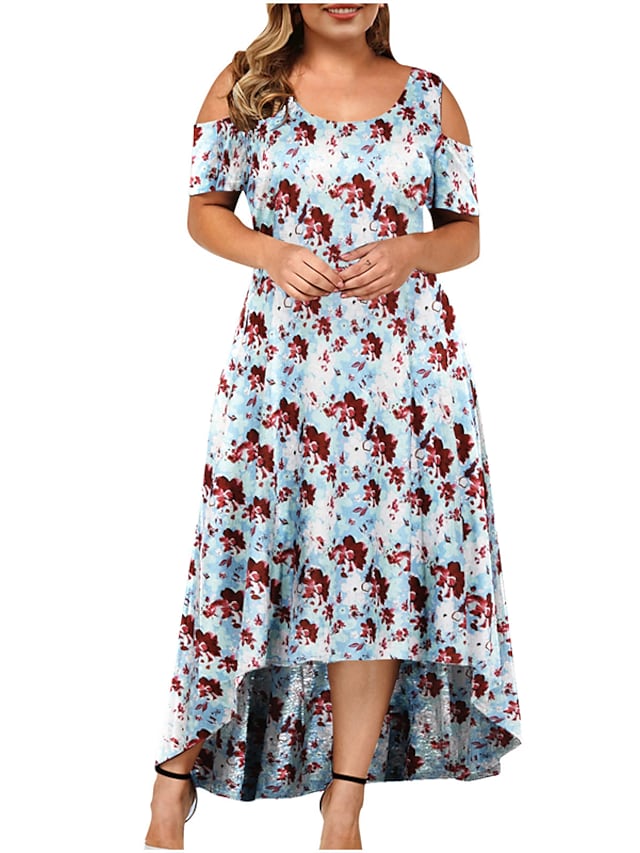 Women's Swing Dress Floral Round Neck Off The Shoulder Short Sleeve Maxi Dress