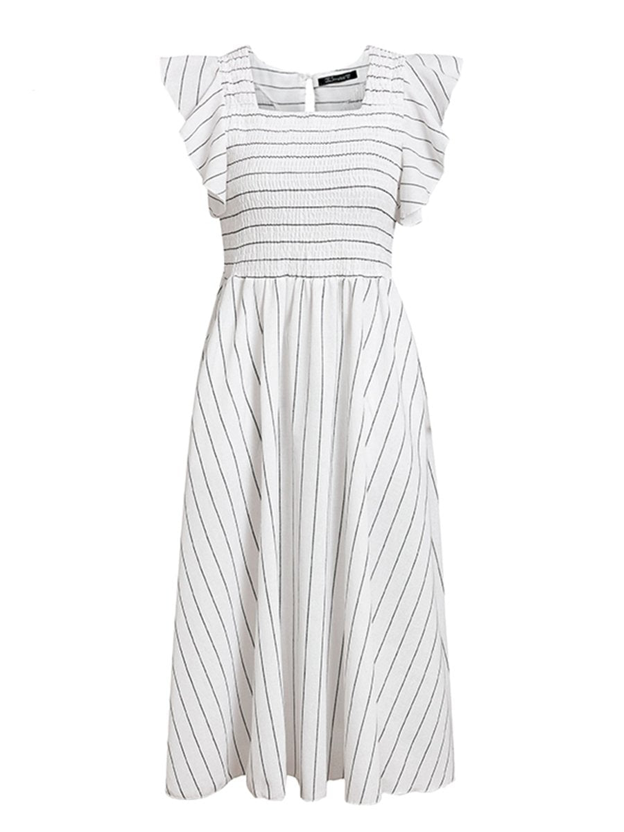 Womens Striped Long Dress Ruffles Linen Elegant Dress