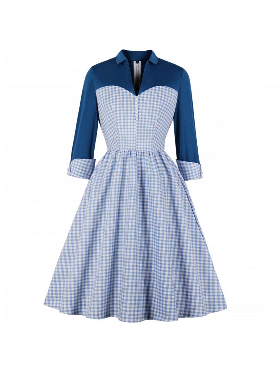 1950s Dress 3/4 Sleeve Grid A-line Swing Dress