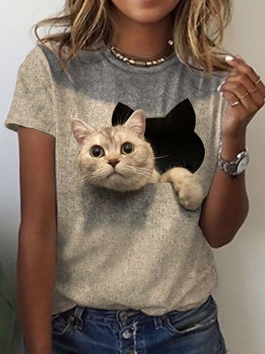 Women's T-shirt Cat Pattern Round Neck Short Sleeve Regular Fit Tops