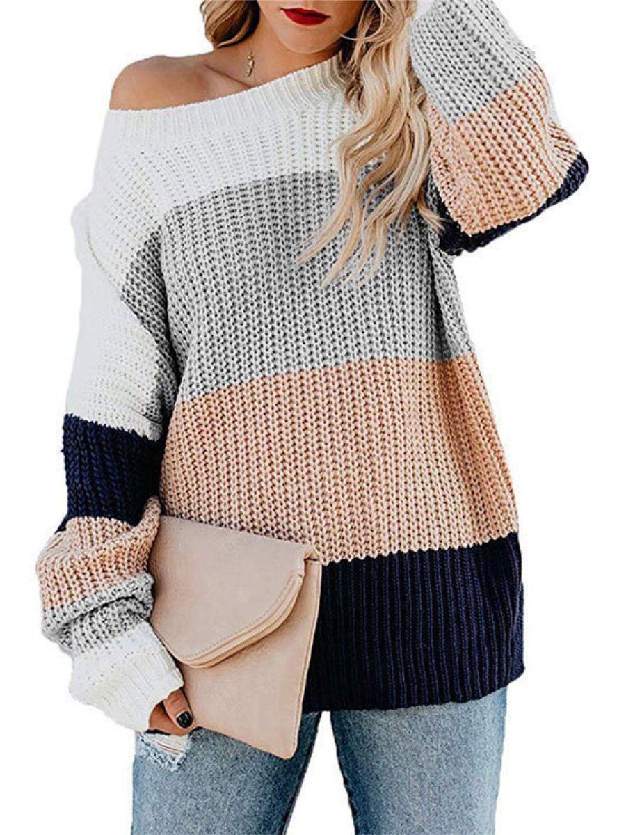 Women's Sweaters Crew Neck Long Sleeve Color Block Knit Pullover Sweaters