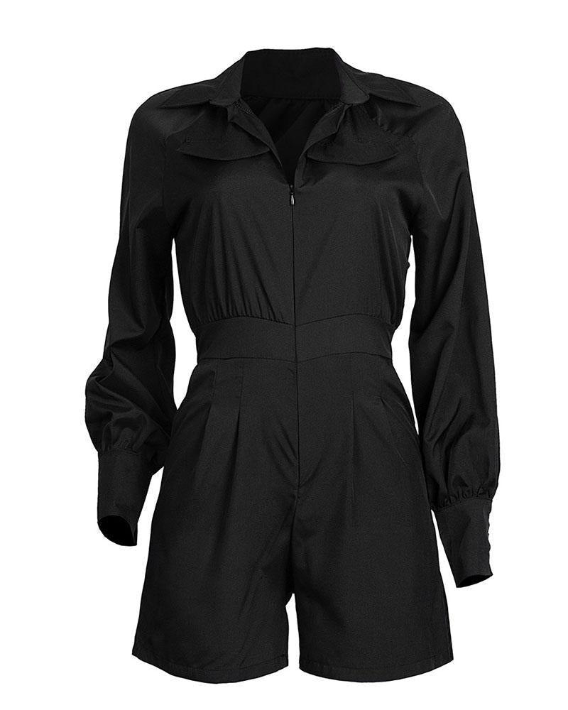 Zip Front Pocket Detail Long Sleeve Casual Romper