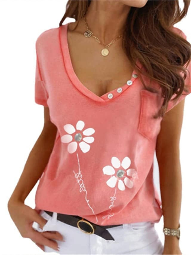 Women's Tops Floral Print Deep V-neck Button Decoration Casual T-shirts