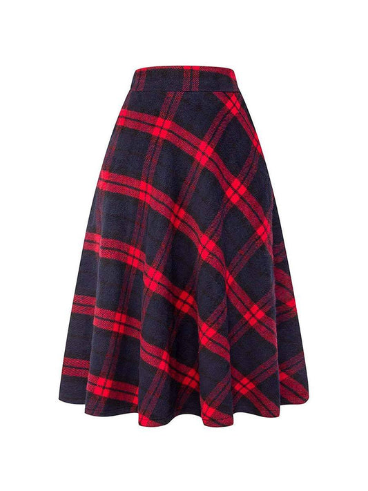 Womens Skirt High Elastic Plaid A-line Ankle-Length Skirt