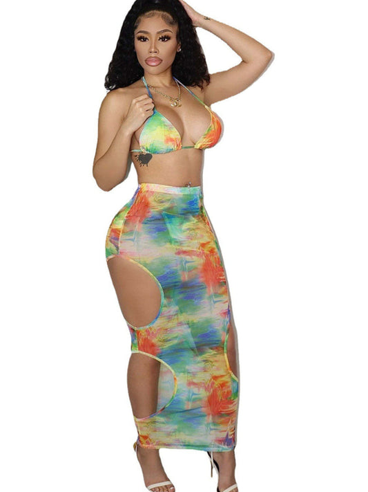 Women's Swimwear Halter Bandage Hollow Out Mesh Print Three-Piece Set Beachwear