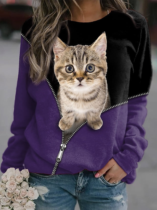 Women's Sweatshirt Cat 3D Print Color Patchwork Casual Streetwear Pullover Hoodies