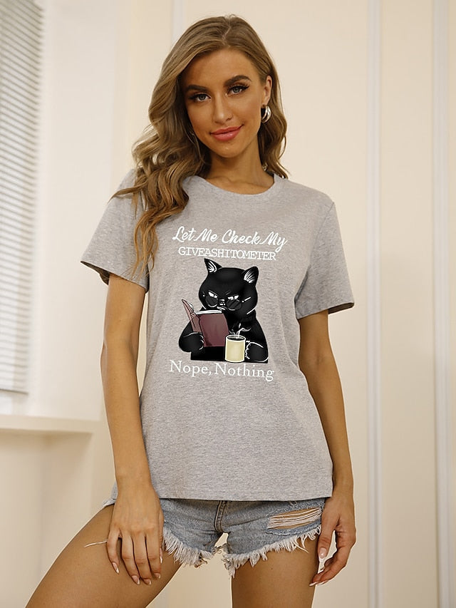 Women's T-shirts Cat Painting Round Neck Short Sleeve Pullover Tops