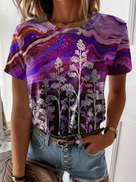 Women's T-shirts Floral Abstract Painting Round Neck Short Sleeve Tops