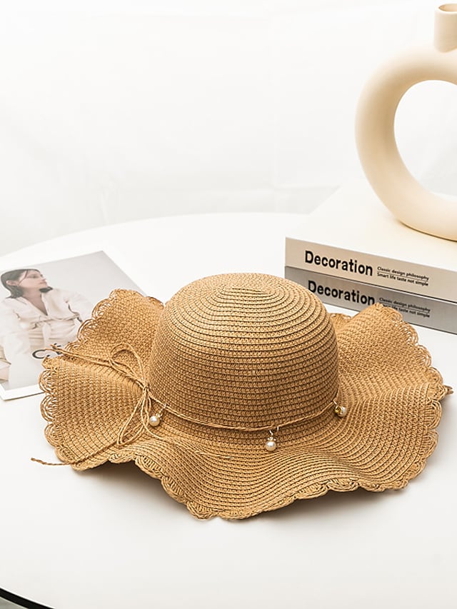 Women's Stylish Sun Hat Pure Color Lace-Up Pearl Large Wave Brim UV Protection Straw Hat