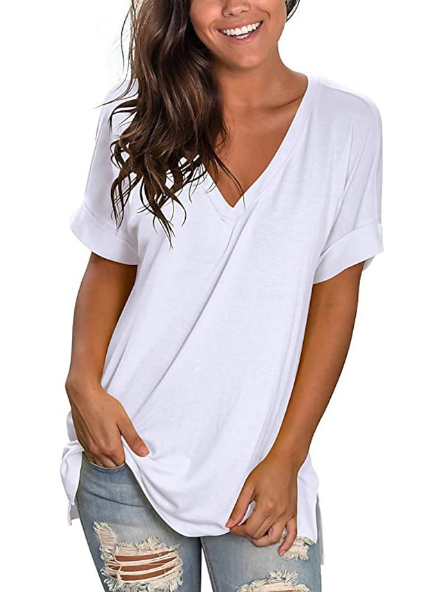 Women's T-shirt Plain V-Neck Solid Color Short Sleeve Basic Tops