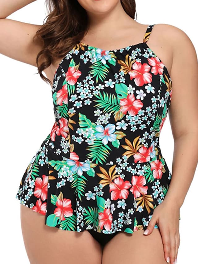 Women's Swimwear Plus Size Tankini Floral Leaf Print Cute Two Piece Swimsuit