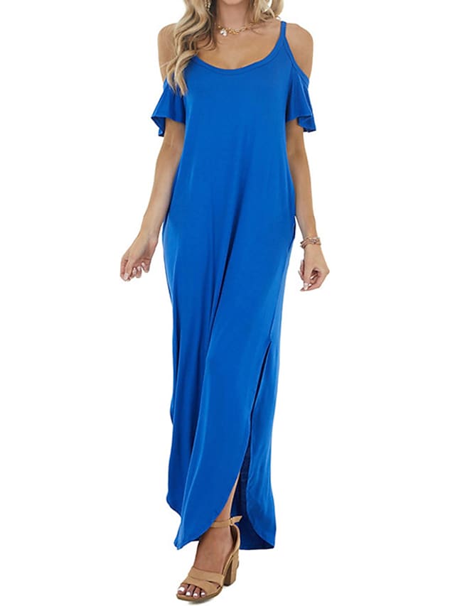 Women's T Shirt Dress Short Sleeve Split Cold Shoulder Maxi long Dress