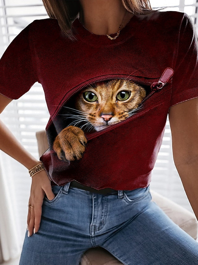 Women's T-shirt 3D Cat Painting Round Neck Short Sleeve Solid ColorTops