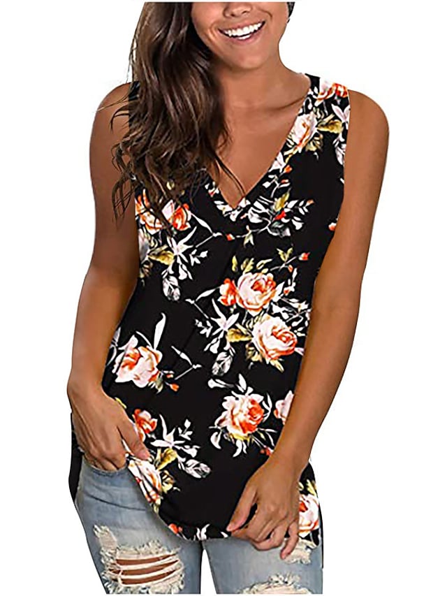 Women's Tank Top Floral Striped Print V Neck Casual Tops