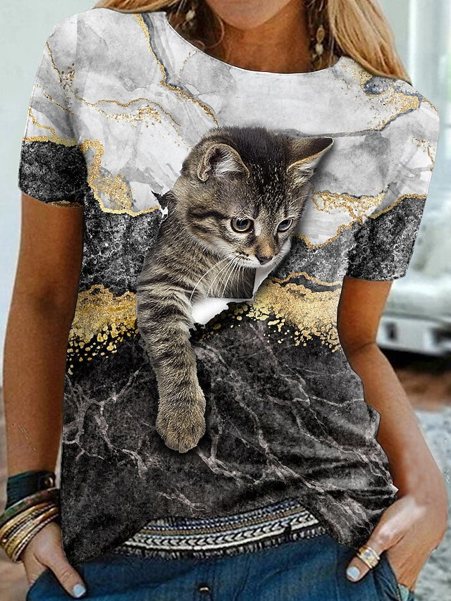 Women's T-shirt Cat Pattern Round Neck Short Sleeve Regular Fit Tops