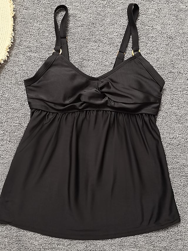 Women's Tankini Two Piece Swimsuit Pleated Open Back Pure Color Black Bathing Suits