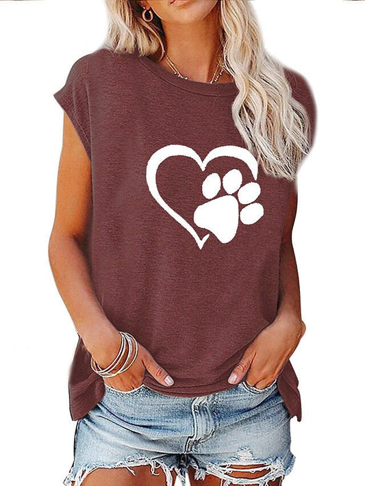 Women's T-shirts Heart Print Round Neck Sleeveless Loose Crop Tops