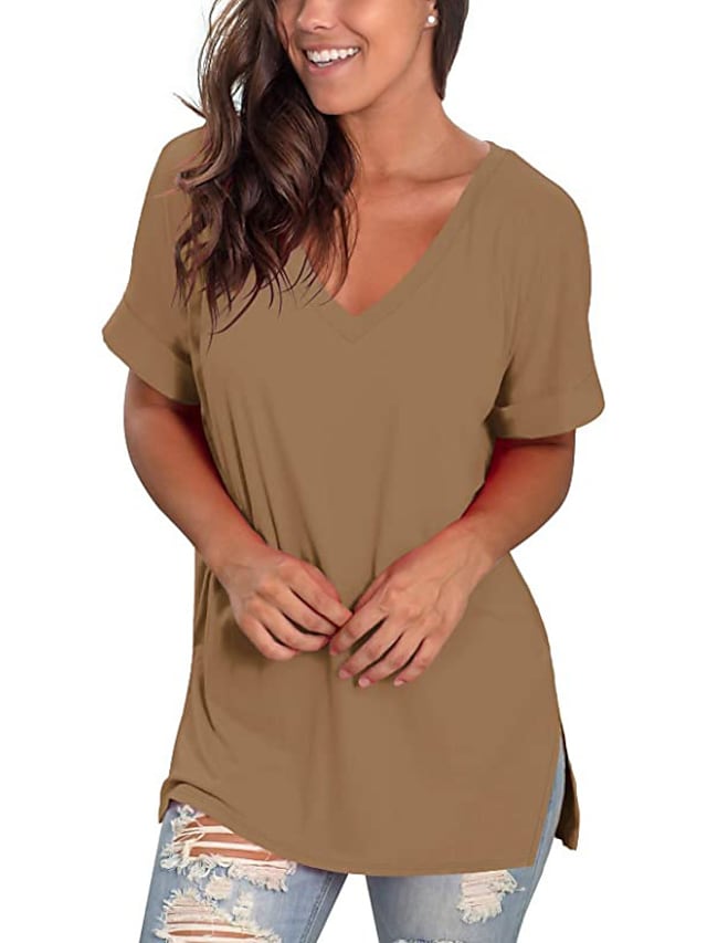 Women's T-shirt Plain V-Neck Solid Color Short Sleeve Basic Tops