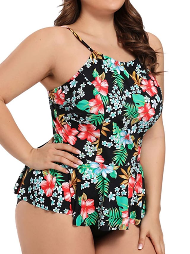 Women's Swimwear Plus Size Tankini Floral Leaf Print Cute Two Piece Swimsuit