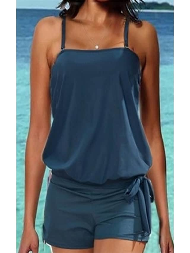 Women's Swimwear High Waist Backless Pure Color Strap Tankini Two Piece Swimsuit