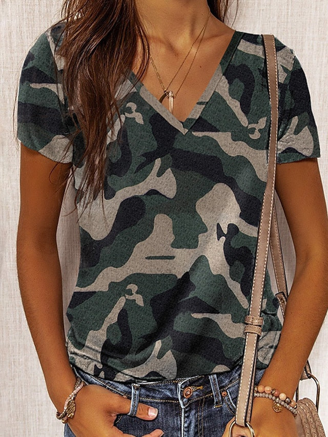 Women's T-shirts Camouflage Leopard Print V-neck Short Sleeve Casual Tops