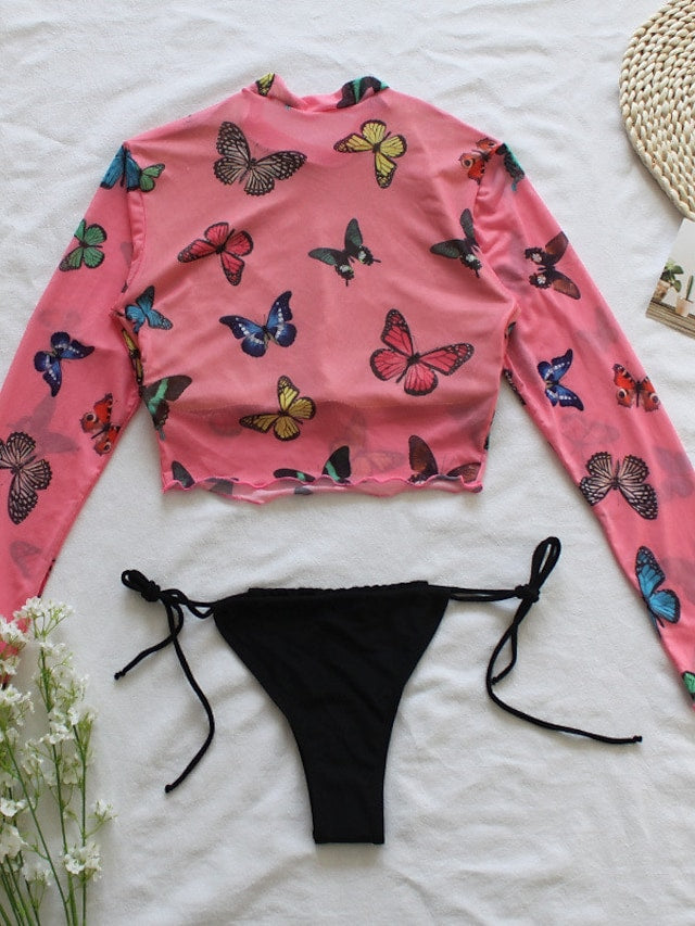 Women's Two Piece Swimsuit Butterfly Print Crop Top High Neck Bathing Suits