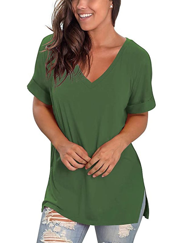 Women's T-shirt Plain V-Neck Solid Color Short Sleeve Basic Tops