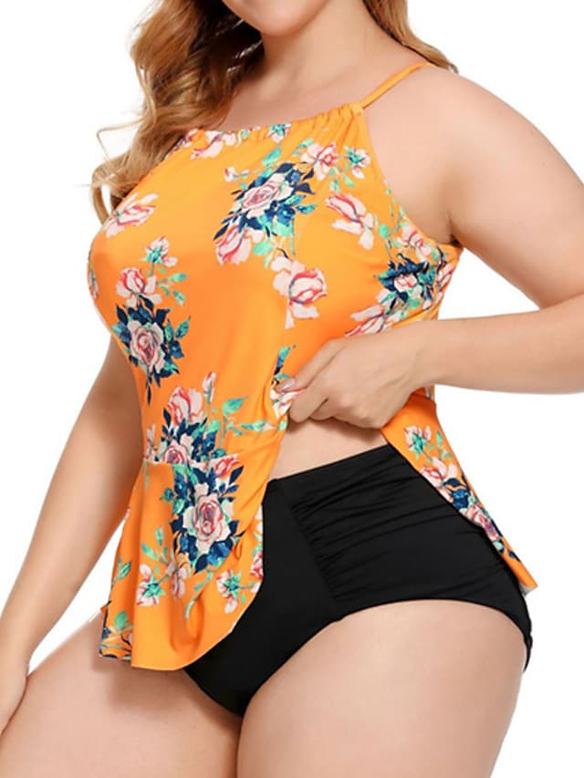 Women's Swimwear Plus Size Tankini Floral Leaf Print Cute Two Piece Swimsuit