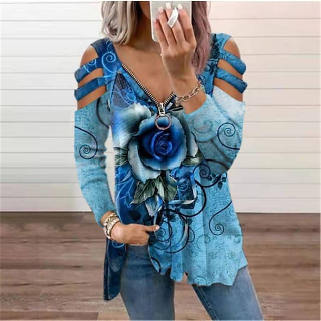 Women's T-shirts V-Neck Zipper Hollow Long Sleeve Flower Print Loose Top