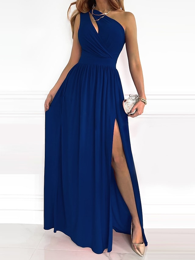 Women's Swing Maxi Long Dress One Shoulder Sleeveless Solid Color Split Elegant Prom Dress