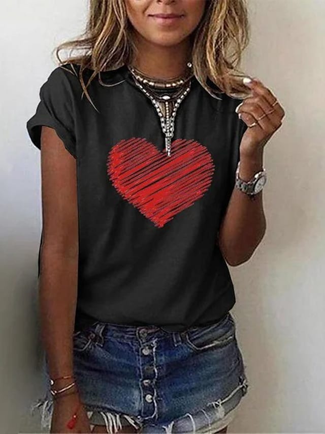 Women's T-shirts Heart Print Round Neck Vintage Casual Pullover Tops