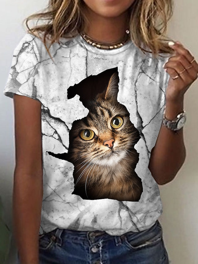 Women's T-shirt 3D Cat Print Graphic Round Neck Casual Tops