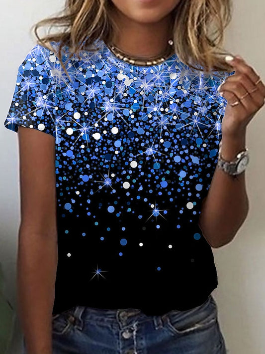 Women's T-shirts Sparkly Print Round Neck Short Sleeve Slim Tops