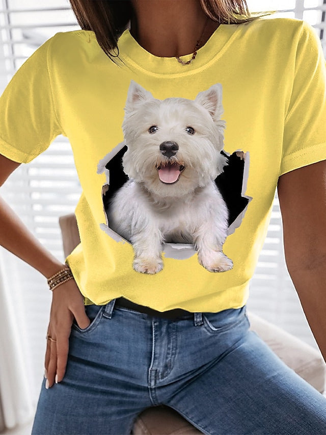 Women's T-shirt Cute 3D Dog Printed Round Neck Casual Tops