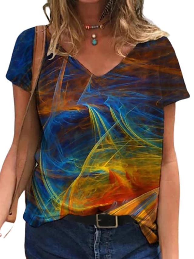 Women's T-shirts Floral Abstract Printed V-neck Short Sleeve Loose Tops