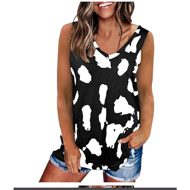 Women's Vests Spotted Print V-neck Sleeveless Casual Pullover Tank Tops