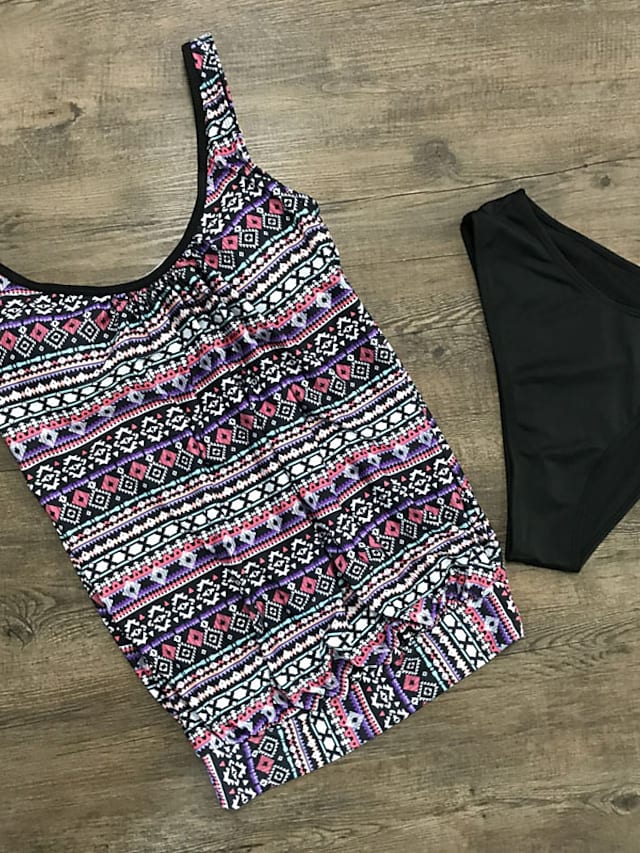 Women's Swimwear Slim Print Solid Color Colorful Tankini Two Piece Swimsuit