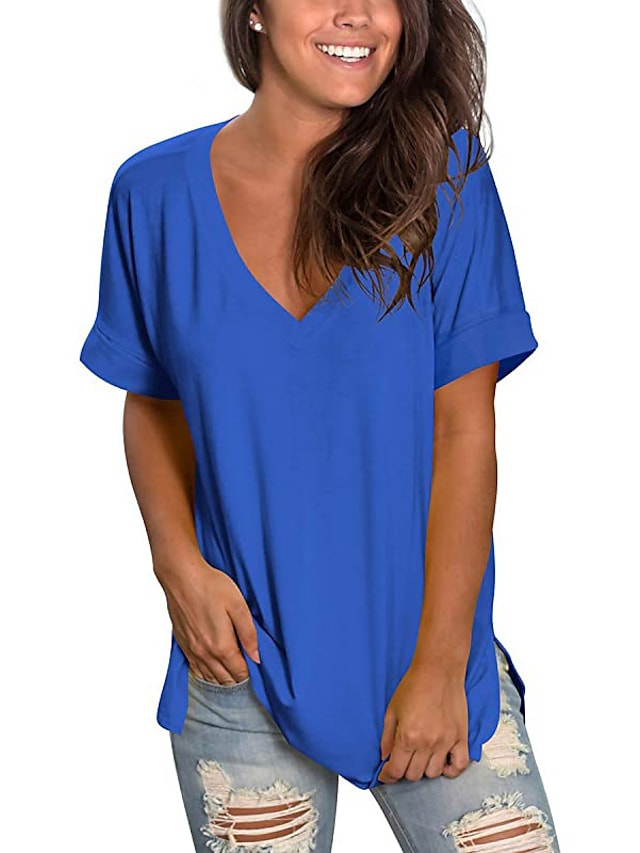 Women's T-shirt Plain V-Neck Solid Color Short Sleeve Basic Tops