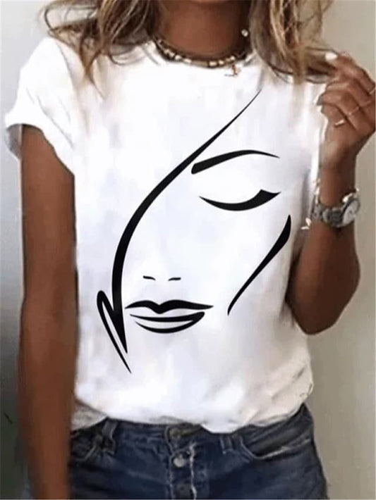 Women's T-shirt Portrait Round Neck Short Sleeve Casual Pullover Tops