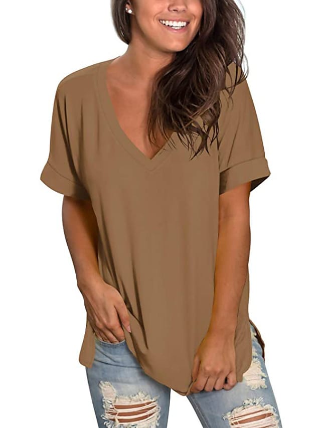 Women's T-shirt Plain V-Neck Solid Color Short Sleeve Basic Tops